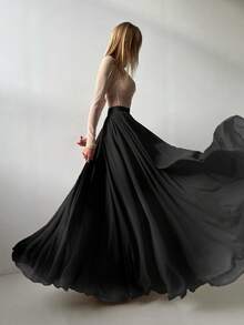 Falda maxi elegante de mujer de gasa de malla sólida negra con pliegues, ideal para festivales de música, fiestas, uso diario de chicas jóvenes, sesiones de fotos en la playa y vacaciones, atuendo casual de oficina para primavera/verano - Negro - Ver 5