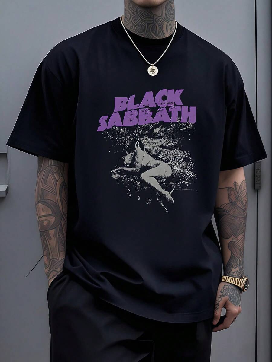 Camiseta Estampada Manga Corta Para Hombre 1 unidad de 220 gramos Camisa de T 100% algodón con estampado digital Black  Banda de Rock Camisa de Hombre Casual - Negro - Ver 1