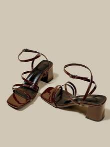 Women's Coffee Brown High Heel Sandals, Criss-Cross Open Toe Lace-Up Chunky Heel Strap Sandals, Summer Shoes