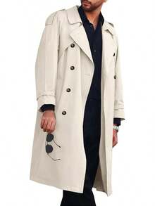 Runcati Mens Coat Double Breasted Long Casual Windbreaker Notched Lapel Belted Overcoat - Màu be - Xem 1