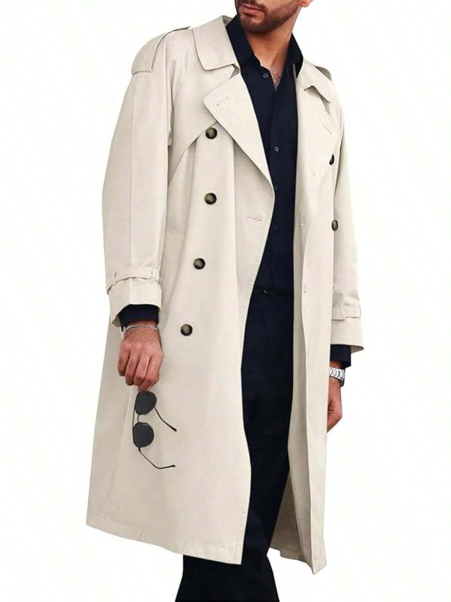 Runcati Mens Coat Double Breasted Long Casual Windbreaker Notched Lapel Belted Overcoat - Màu be - Xem 1