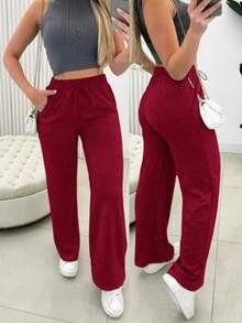 Promotion Women's High-Waisted Wide-Leg Pants With Pocket - Burgundy - View 1