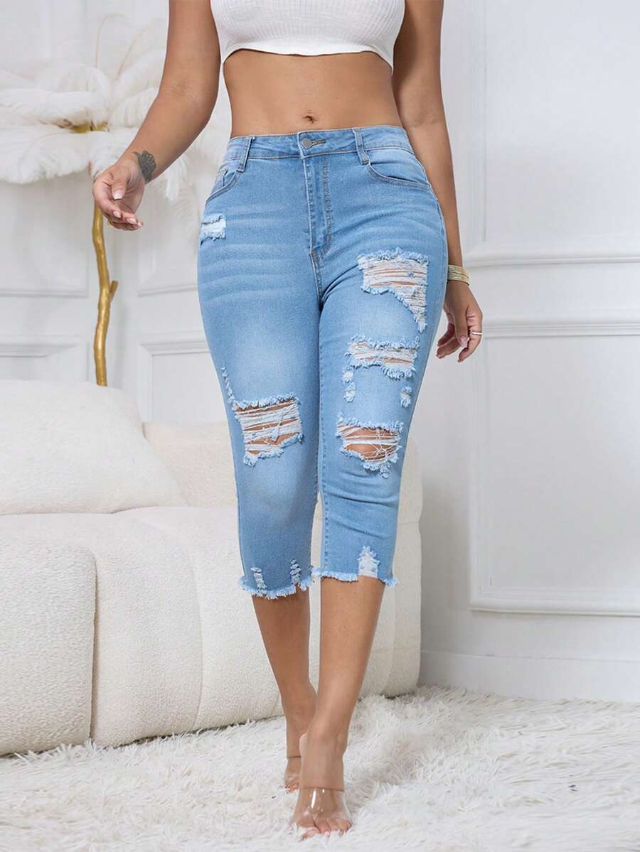 Women Fashion Casual Ripped Capri Jeans, Slim-Fit Elastic Denim Pants, Classic Fringes, Machine Washable - 淺色水洗藍 - 查看 1