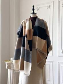 1pc Elegant Color Block Jacquard Knit Scarf, Warm And Versatile For Women, Suitable For Air-Conditioned Rooms, Autumn/Winter