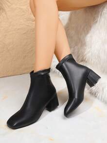 Square Toe Short Ankle Boots For Women, Autumn, Chunky Heel, Fashion Versatile, Soft Leather, Elastic Ankle Boots, High Heel - Black - View 4