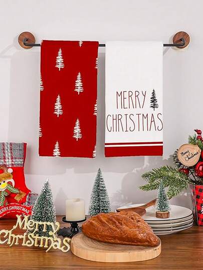 2pcs Christmas Kitchen Towel Set, Merry Christmas Dish Towels, Ultra Soft Polyester Blend, Modern Design, White And Red Christmas Tree Decor, 15.7X 23.6 Inches