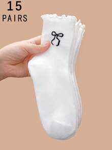 1/3/5/10/15/20 Pairs Women White Ruffle Bow Decor Comfortable Simple JK Style Breathable Mid-Calf Socks - White - View 19