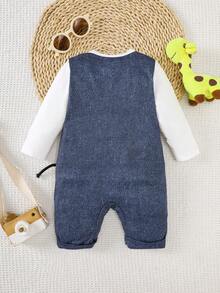 Cartoon Giraffe Embroidered Denim Effect Bib Overalls Long Sleeve Baby Jumpsuit, Spring/Autumn