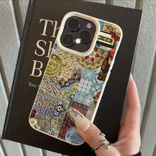 1pc White Lychee Texture Matte Simple Lens Protection Retro Floral Rhombus Pattern Phone Case, Personalized Compatible With Iphone 16 Pro Max, 15/14 Plus, 13, 12, 11 Waterproof Shockproof Anti-Fall Scratch Resistant,International Version, Not The Domestic Version - Multicolor - View 3