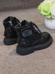 1双儿童新款黑色平底靴，幼儿马靴，朋克风格压花工艺侧拉链设计，适合2-15岁儿童，适合全年外出和聚会 - 黑色 - 查看 11