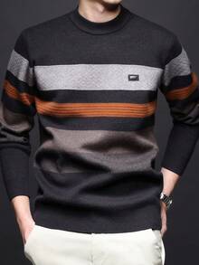 男士厚圆领毛衣，商务休闲提花针织长袖套头衫，适合分层穿着或外套，秋冬