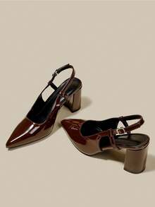 女士咖啡棕色漆皮尖头单带粗跟高跟鞋，优雅尖头正式高跟鞋，时尚露跟高跟鞋 - 咖啡棕 - 查看 4