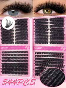 544pcs Cat Eye Individual Cluster False Eyelashes, 10-18mm, Suitable For Left & Right, Can Be Used In Pairs, Thick & Natural, Lightweight & Soft, Ultra-Light, Suitable For DIY Eyelash Extension, Suitable For Beginners, Daily Life, Gift Sets, Travel, Music Festivals, Also An Essential Decoration For Halloween, Christmas And Other Holidays - 彩色 - 查看 5