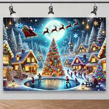 2D Charming Christmas Village Photography Backdrop With Santa Claus, Trees And Holiday Decorations - Perfect For Studio Shooting, Christmas Events And Winter Celebrations