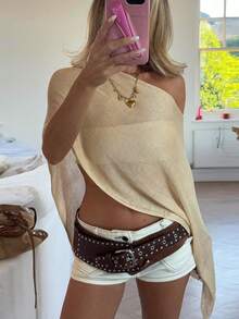 Women's Sheer Ponchos Off Shoulder Short Sleeve Solid Color T-Shirts Asymmetrical Knit Tops - 卡其色 - 查看 1