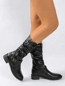 Giày bốt cổ điển xếp ly ôm dáng thu/đông 2025, giày bốt cao gót đế bằng bằng da lộn, giày bốt cao đến đầu gối kiểu phương Tây, giày bốt cao đến đầu gối màu đen dành cho nữ - màu đen - Xem 5