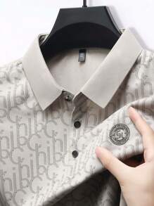 Men's Summer Letter Print Small Waffle Polo Shirt, Fashion Casual Collar Lightweight Business Commute Wear - White - View 1