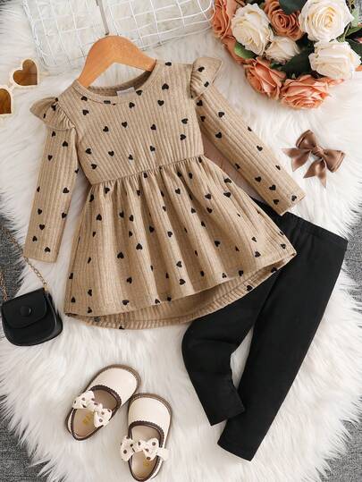 2pcs/Set Baby Girls Heart Print Puff Sleeve Top + Solid Color Elastic Waist Pants, Cute Outdoor Casual Outfit, Soft & Comfortable, Suitable For 0-1-2-3 Years Old, 6-9 Months, Outdoor, Casual, Daily, Holiday Gift, Party