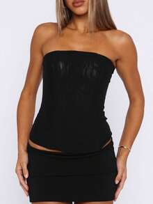 Women's Vintage Strapless Corset Tops Zip Back Boned Mesh Bustier Bodyshaper Tube Top - Negro - Ver 2