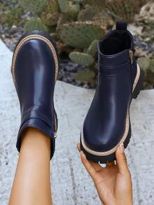 秋冬女士时尚 Y2K 侧拉链假日休闲度假扣环踝靴 - 寶藍色 - 查看 2