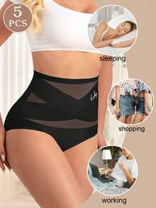5pcs Women High Waist Panties With Criss-Cross Design, Solid Color, Tummy Control, Stretchy, Shaping, Soft, Breathable - 彩色 - 查看 2
