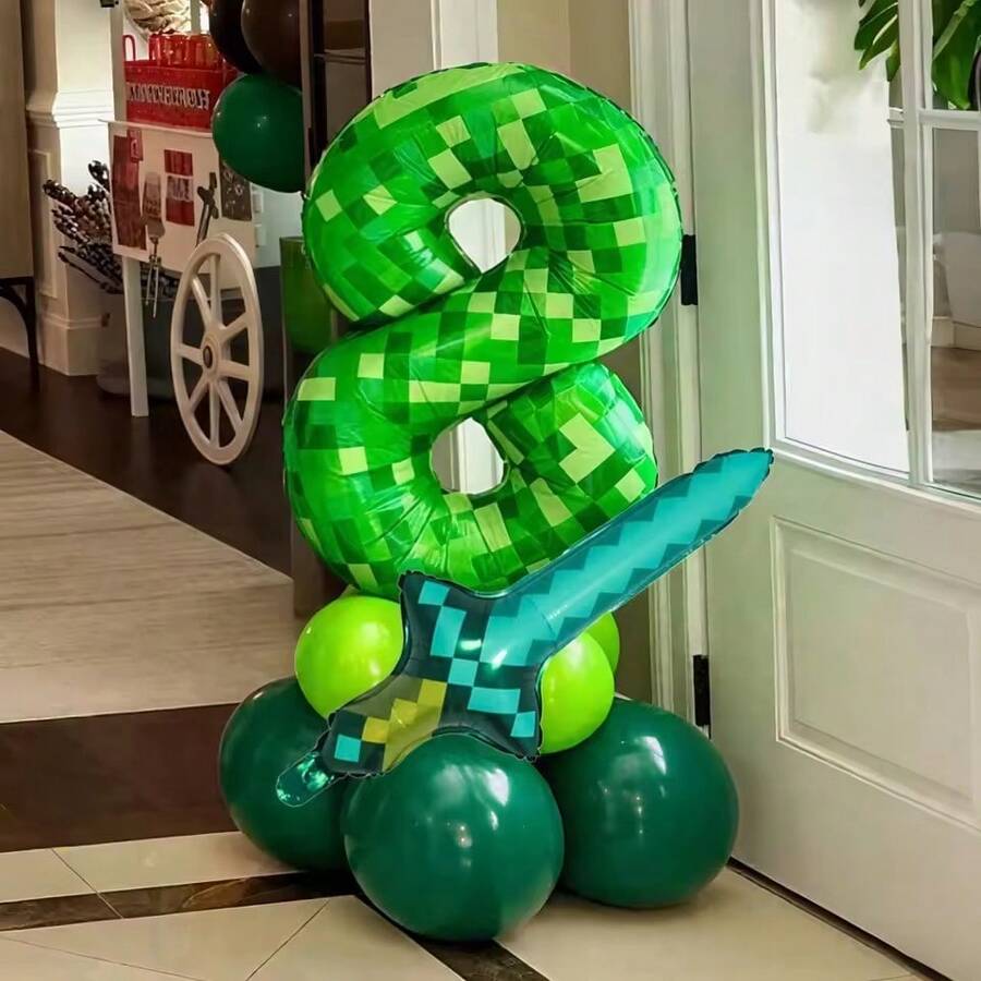 40 Inch Green Pixel Miner Themed Balloon Set, Diamond Sword Aluminum Film Balloon Jungle Game Event, Birthday Party Decoration
