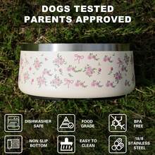 Dog Bowl Medium Breed - 4 Cup Non Slip Anti Rust, Insulated Metal Stainless Steel Dog Bowls - Spill Proof Heavy Duty - Water Bowl For Dogs, Dishwasher  (32 Oz, Floral Bow),13360810 - Pink - View 2