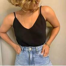 Women's Tank Top With Adjustable Straps, Basic Crepe V1 Collar, Various Colors D-32 - Black and Gold - View 1