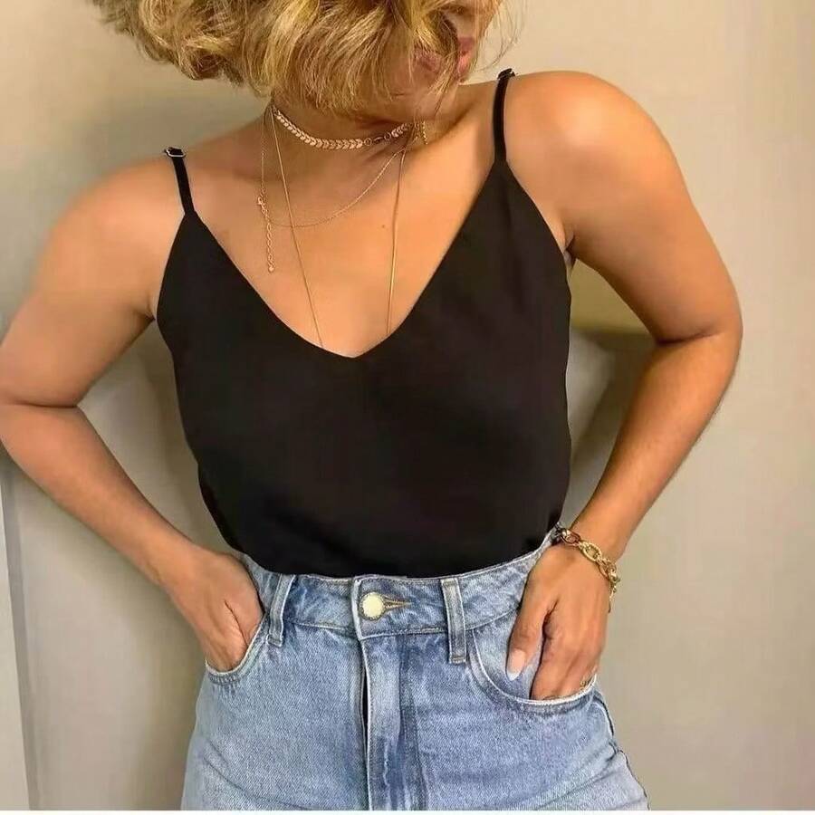 Women's Tank Top With Adjustable Straps, Basic Crepe V1 Collar, Various Colors D-32 - Black and Gold - View 1