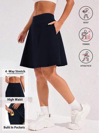 Women's 2-In-1 Mid-Length Sport Skort Skirts, High Waist Tennis & Golf Skorts Skirt With Inner Shorts Pockets - Perfect For Running, Yoga, Fitness Athletic, And Casual Daily Wear.