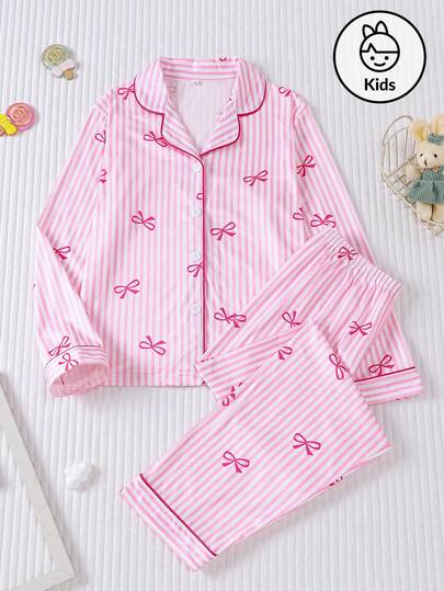 Set de 2 piezas de pijama a rayas con moño para niños, nueva camisa de cuello vuelto de manga larga y pantalones largos, estampado de rayas y moño rosa minimalista dulce, atuendo de moda diario para niños y adolescentes, adecuado para uso exterior, fiesta, hogar, ropa de dormir, regalo para la vida diaria
