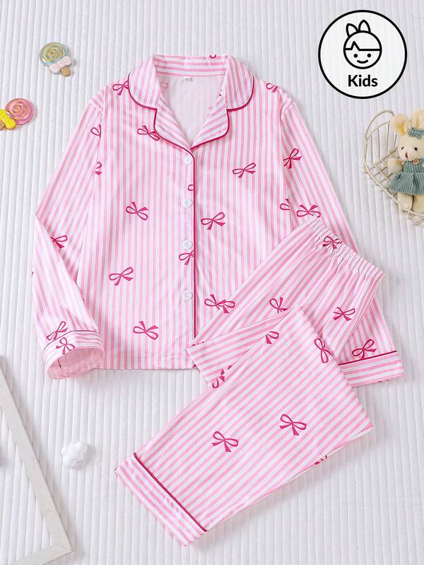 Set de 2 piezas de pijama a rayas con moño para niños, nueva camisa de cuello vuelto de manga larga y pantalones largos, estampado de rayas y moño rosa minimalista dulce, atuendo de moda diario para niños y adolescentes, adecuado para uso exterior, fiesta, hogar, ropa de dormir, regalo para la vida diaria