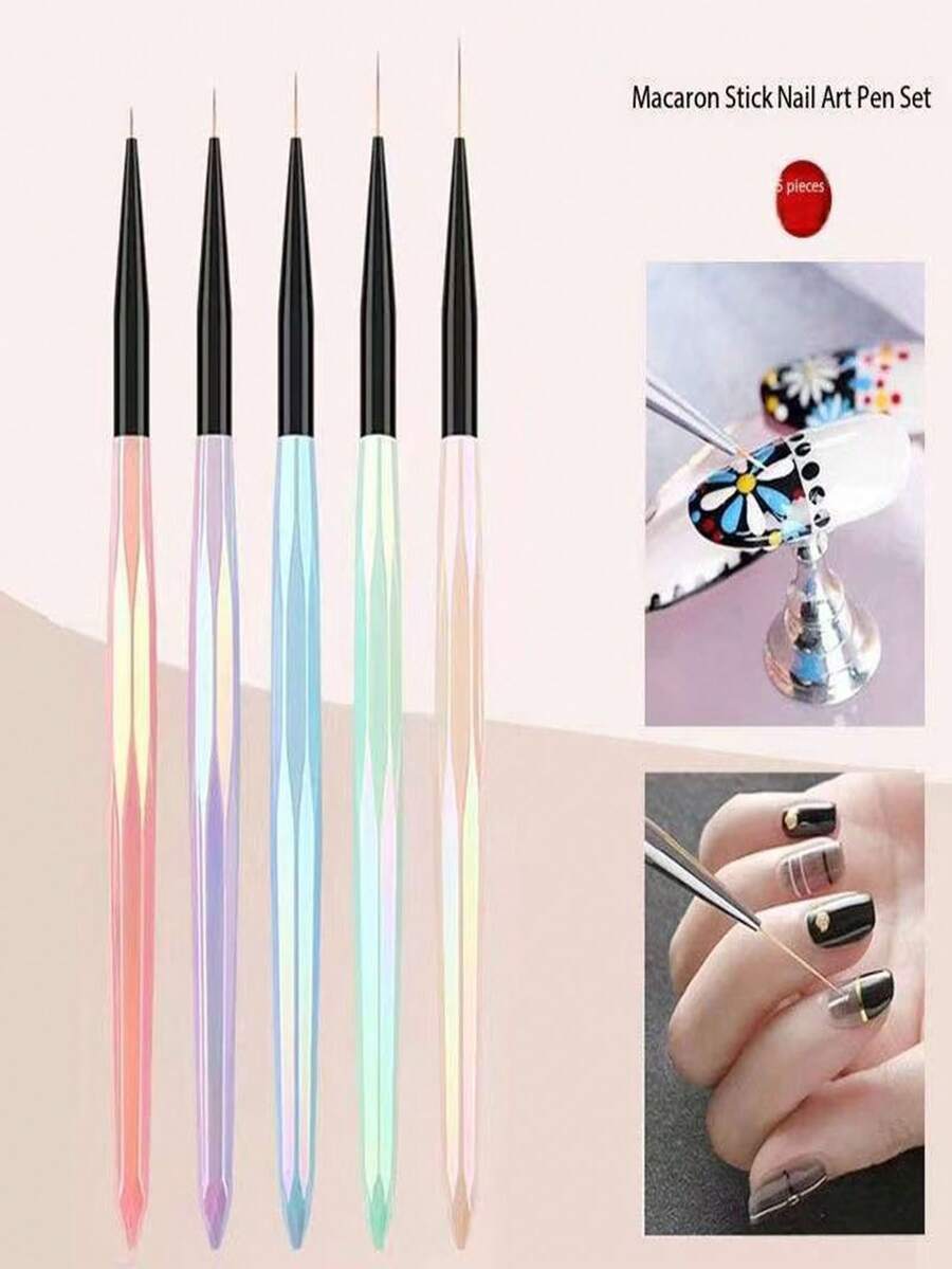 Juego de 5 piezas de soportes de bolígrafo de colores de macarrón, alambres para uñas, pinceladas, líneas de flores de bolígrafo, colores de ganchos, bolígrafos con flores pintadas, suministros para uñas, accesorios para uñas, herramientas para uñas