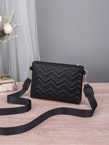 Bolso de mujer de moda con pespunte, bolso bandolera, embrague, bolso sobre, decoración metálica rectangular, para uso diario - Negro - Ver 6