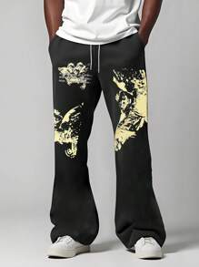 男士街头涂鸦嘻哈天使印花直筒宽松休闲喇叭裤，抽绳腰侧口袋直筒宽松休闲黑色运动裤，适合外出街头穿着的男士长款运动裤，适合丈夫、男朋友的礼物，适合狂欢派对、返校季、emo、2000 年代风格