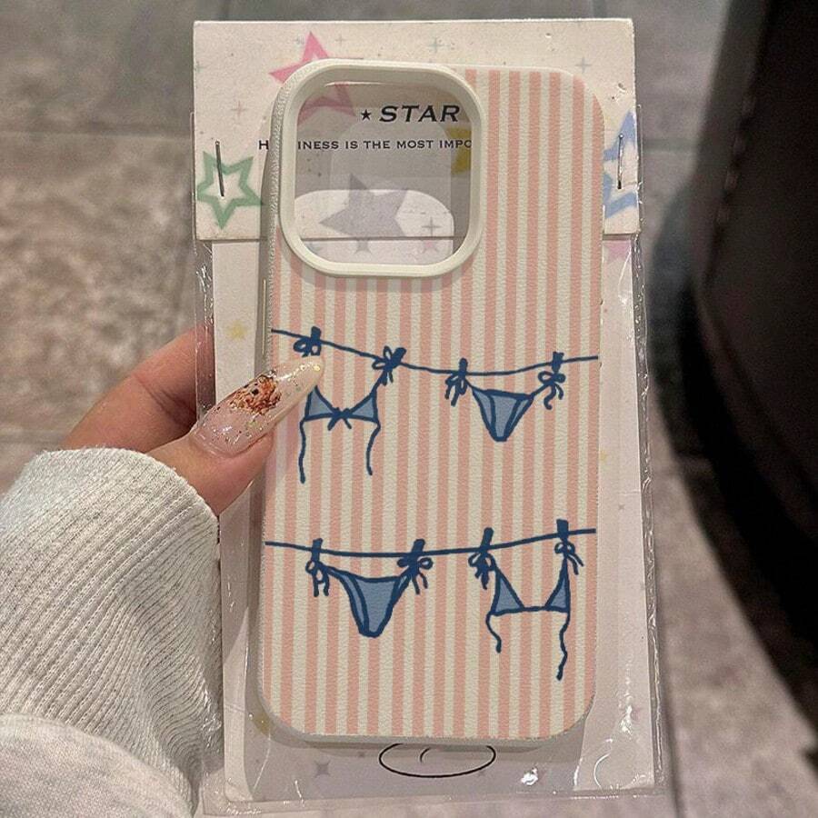 1pc TPU Material Cute Summer Bikini Illustration Pink Striped Pattern Phone Case Compatible With IPhone/ Phones - White - View 1