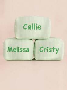 Customized Text & Striped Travel Toiletry Bag - Personalized Zipper Cosmetic Organizer Pouch, Portable Polyester Storage Box, Suitable For Travel, School, Dorm Or Home - Perfect Gift For Mom And Wife, School Essential Organizer, Waffle Material + Exclusive Name Embroidery, Christmas, Valentine's Day Gift, Makeup Brush Holder, Makeup Mirror Makeup Brush Lipstick Organizer, Portable For Business Trip And Travel. Suitable For Storing Cosmetics, Stationery, Car Accessories Christmas Beauty Accessories