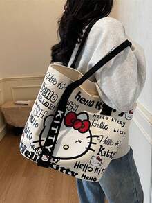 Sanrio 1pc Hello Kitty Canvas Bag For Women, Large Capacity Single Shoulder Handbag, Cartoon Cute Commuter Bag, Fashionable And Versatile Shopping Bag, Student Commuter Bag, Large Capacity Mommy Bag, Lightweight Single Shoulder Bag