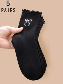 1/3/5/10/15/20 双装 女士黑色荷叶边蝴蝶结舒适简约 JK 款吸湿排汗中筒袜 - 黑色 - 查看 20