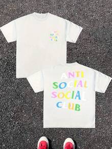 Anti Social Club Double Sided Digital Printed 220g Casual T Shirt 1pcs Men's Streetwear 100% Cotton Graphic Tee Relaxed Fit Tee For Urban Style - trắng - Xem 1