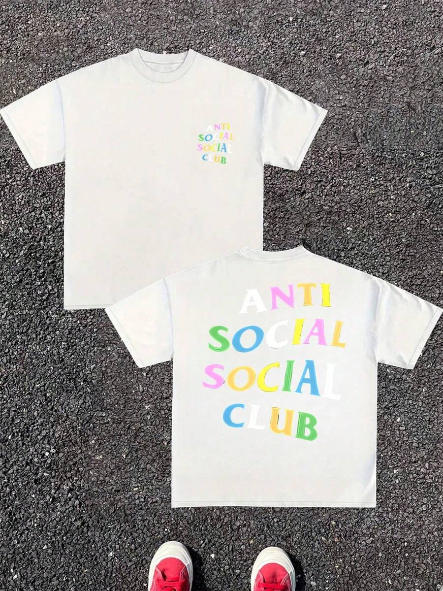 Anti Social Club Double Sided Digital Printed 220g Casual T Shirt 1pcs Men's Streetwear 100% Cotton Graphic Tee Relaxed Fit Tee For Urban Style - trắng - Xem 1