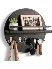 Portachiavi da parete decorativo con mensola e ganci, organizer per la posta da montare a parete, design circolare portachiavi da ingresso, arredamento rustico per la casa