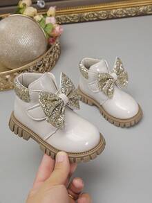 1 Pair Children's Fashion New Smooth PU Material Design Easy To Wear, Bow Decor, Non-Slip Soft Durable Outsole Chelsea Boots, Suitable For Girls To Wear To School, Outdoor, Home, Spring, Summer, Autumn