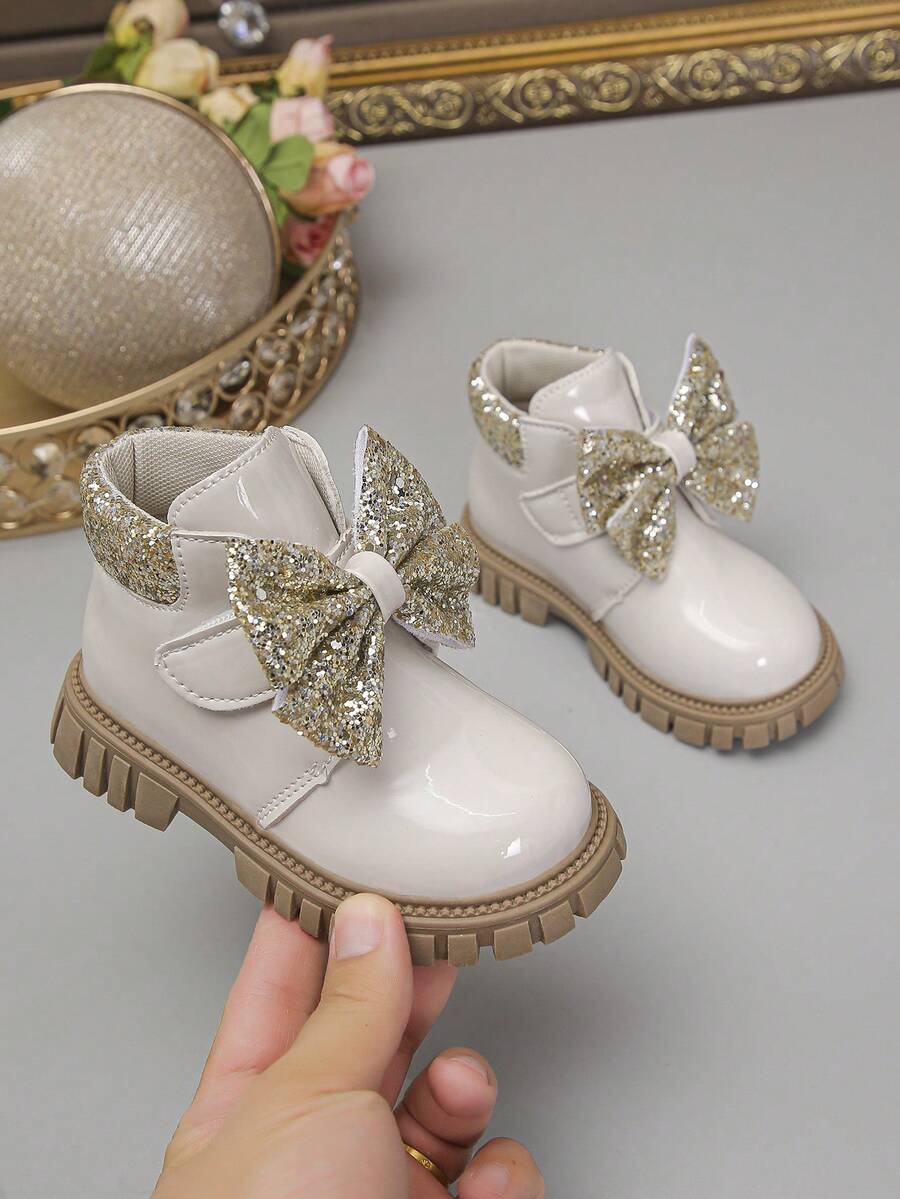 1 Pair Children's Fashion New Smooth PU Material Design Easy To Wear, Bow Decor, Non-Slip Soft Durable Outsole Chelsea Boots, Suitable For Girls To Wear To School, Outdoor, Home, Spring, Summer, Autumn