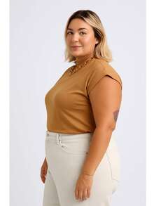 T-Shirt Muscletee Blouse Plus Size In Black Brown White Cotton Knitted Fabric Office Spring Summer - Beige - View 4