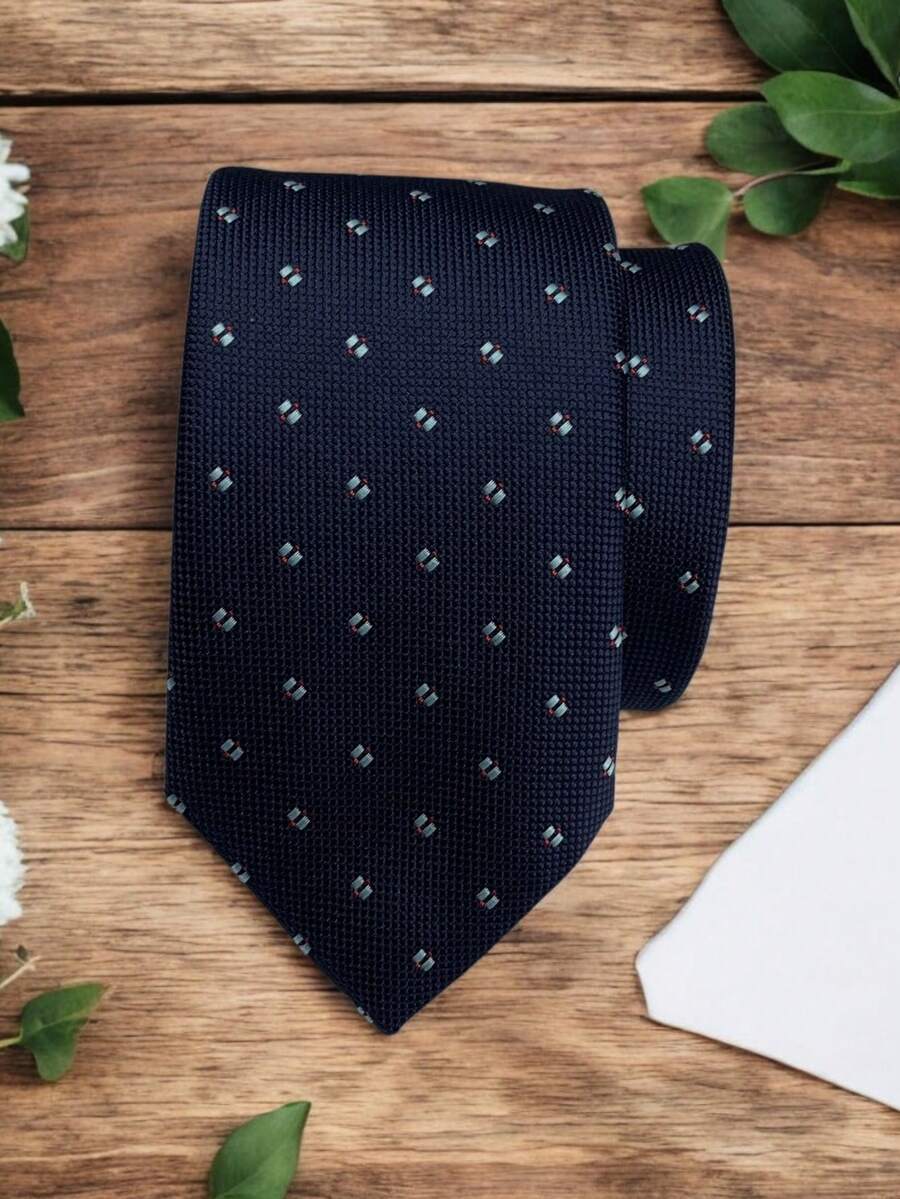 Luxury Men's Skinny Tie Polyester Silk Solid Color Polka Dots Slim Jacquard Groomsmen Tie - 藏蓝色 - 查看 1