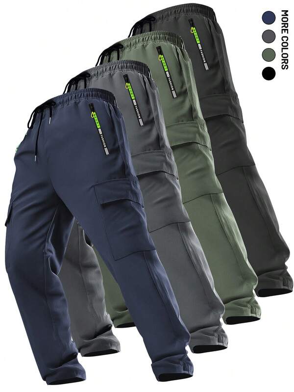Men's Zipper Pocket Drawstring Cargo Pants, Elastic Waist, Large Pockets, Straight Leg Casual Trousers, Suitable For Outdoor Sports And Jogging, Spring/Autumn