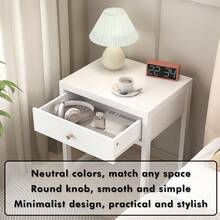 Modern White Nightstand With Drawer, Minimalist Bedside Table With Wood Knob, Compact End Table For Bedroom, Apartment, Or Small Spaces, Easy Assembly - 白色 - 查看 7