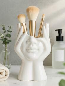 1pc Large Or Medium Hands Face Makeup Brush Holder, Vanity Organizer For Bathroom Countertop, Cosmetic Brush Storage Jar, Sculptural Makeup Organizer Cup, Minimalist Brush Stand For Bathroom, Bedroom, Dressing Table, Gift Idea - White - View 5