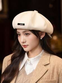1 件女士秋季贝雷帽，纯色字母徽标云画家帽，休闲优雅街头时尚百搭，适合户外、家庭聚会、骑自行车、旅行、派对、秋季日常使用 - MM2278 - 查看 4